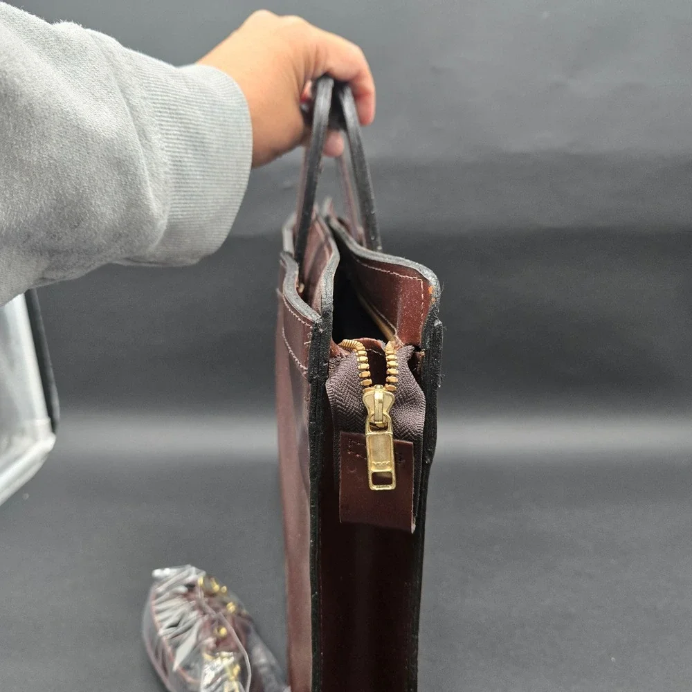 Vintage Brown Leather Briefcase Slim Laptop Bag Messenger with Shoulder Strap